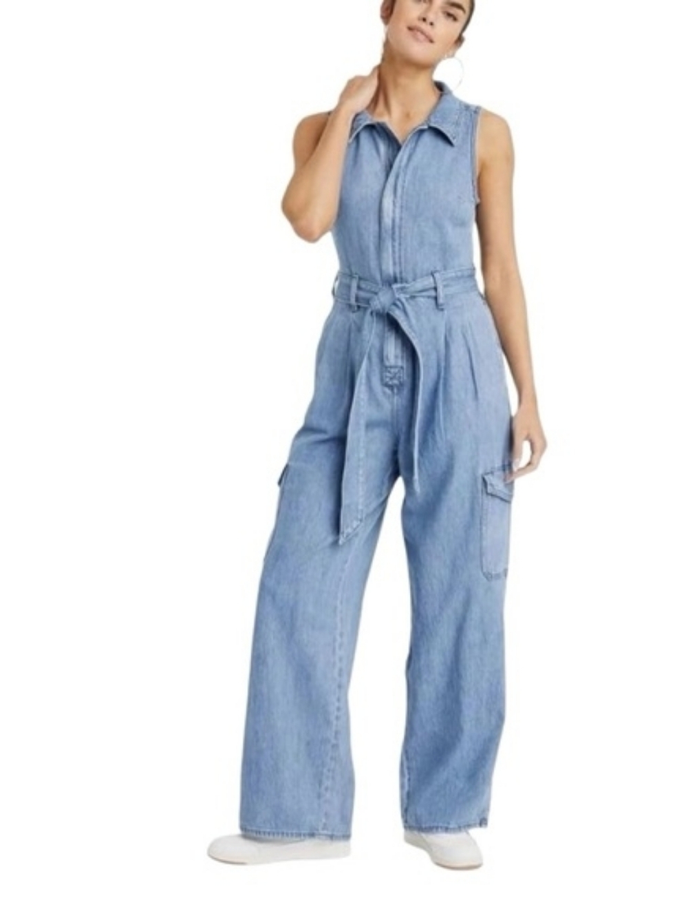 Sleeveless Light Blue Denim Jumpsuit Jeans with Belt